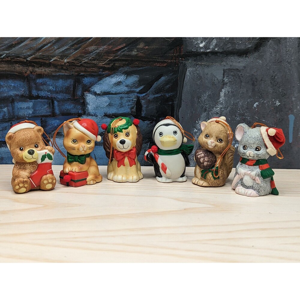 Lot 6 JSNY Christmas Ornament Ceramic Bells Cat Dog Bear Squirrel Mouse Penguin